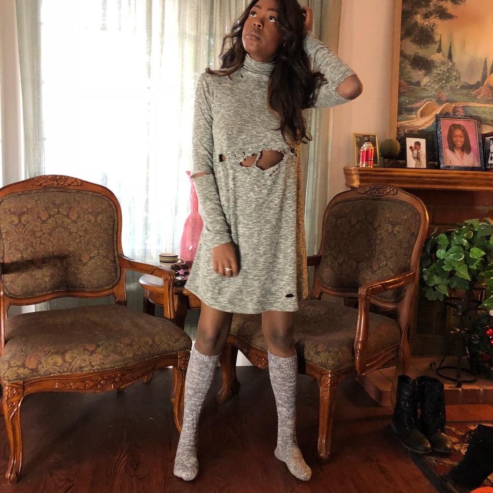 Grey distressed turtle neck dress